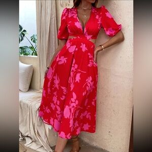 Floral Print Puff Sleeve Cut Out Tie Back Dress